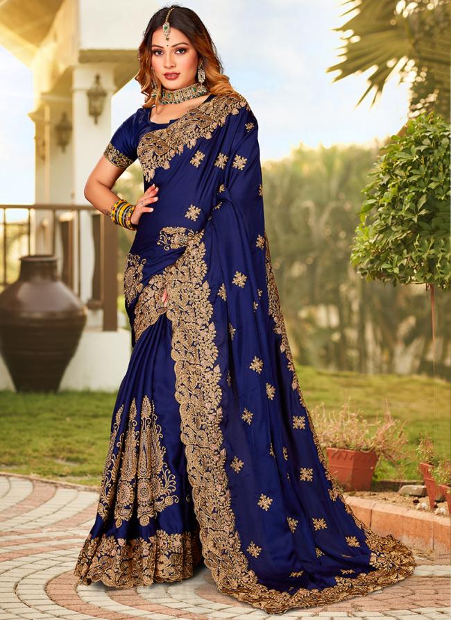 Pure Sattin Navy Blue Wedding Wear Embroidery Work Saree